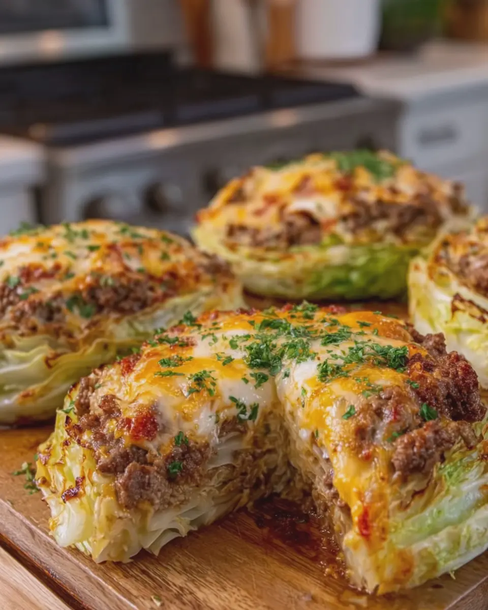 Cheesy Baked Cabbage Steaks with Ground Beef