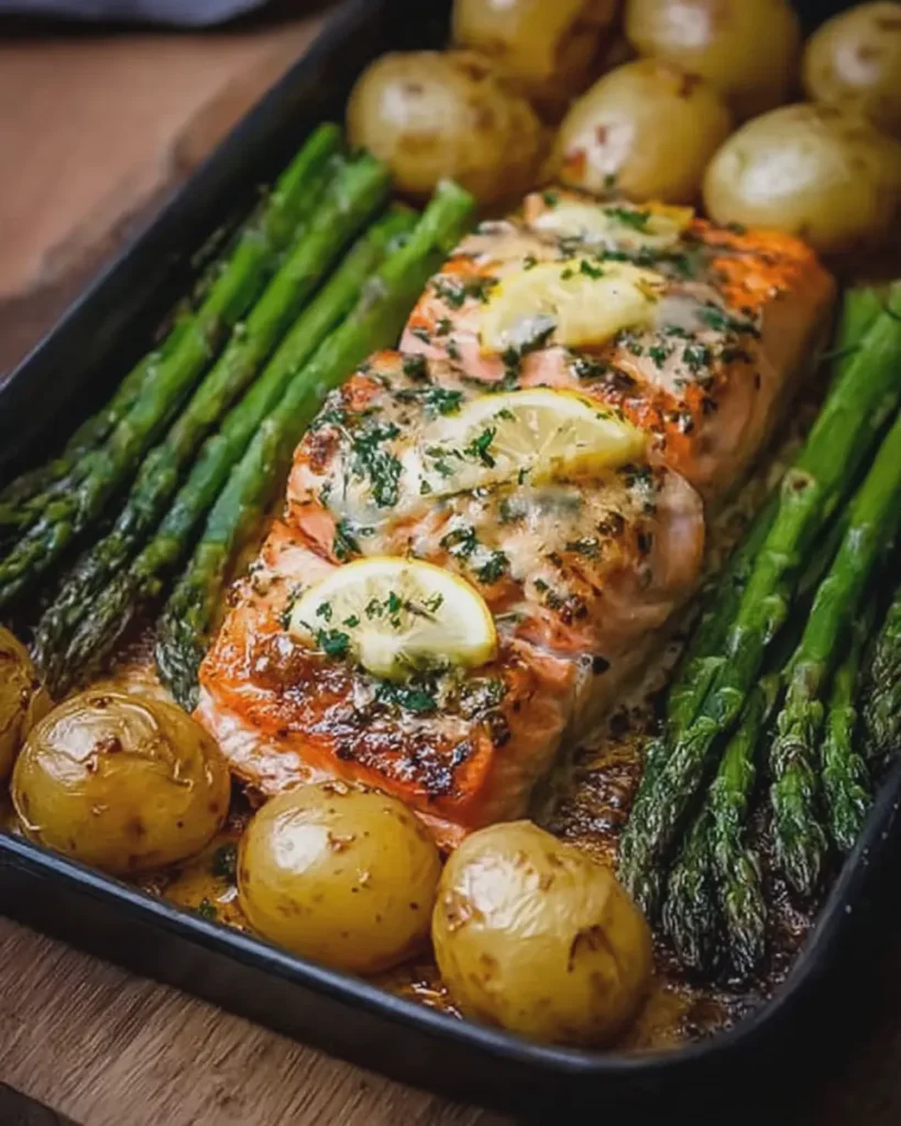 Oven Baked Herb Salmon with Garlic Potatoes and Roasted Asparagus