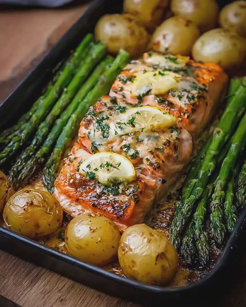 Oven Baked Herb Salmon with Garlic Potatoes and Roasted Asparagus
