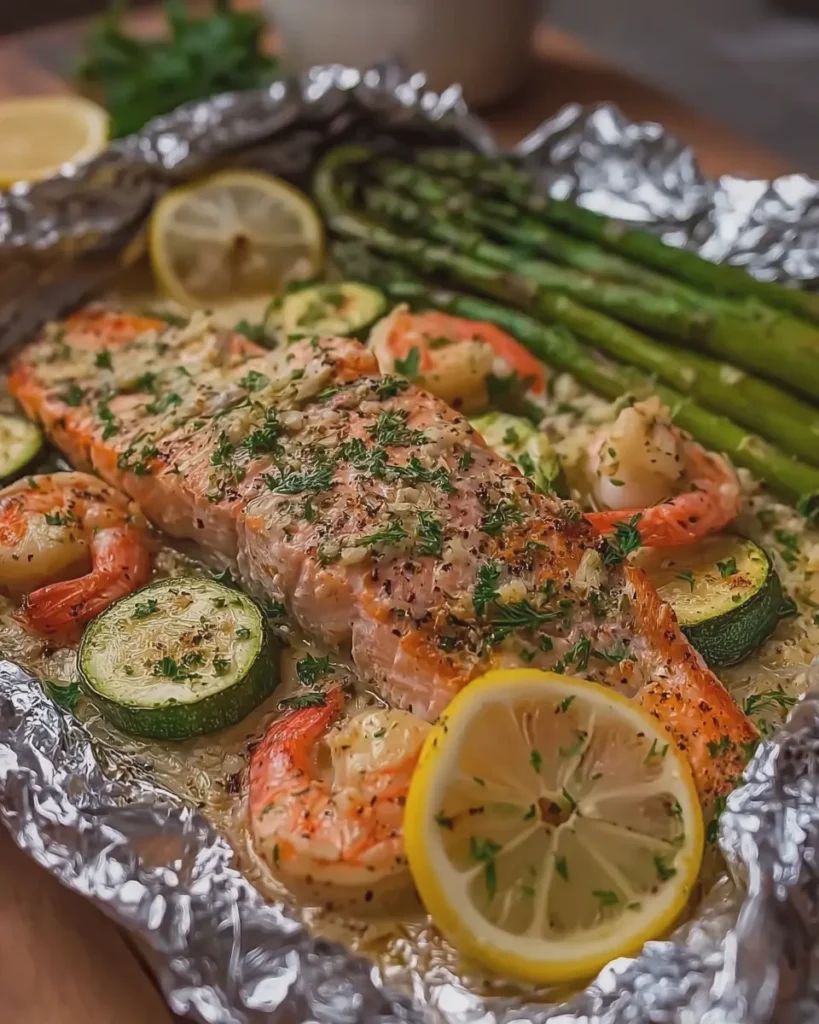 Creamy Garlic Herb Seafood Foil Packs with Salmon and Shrimp