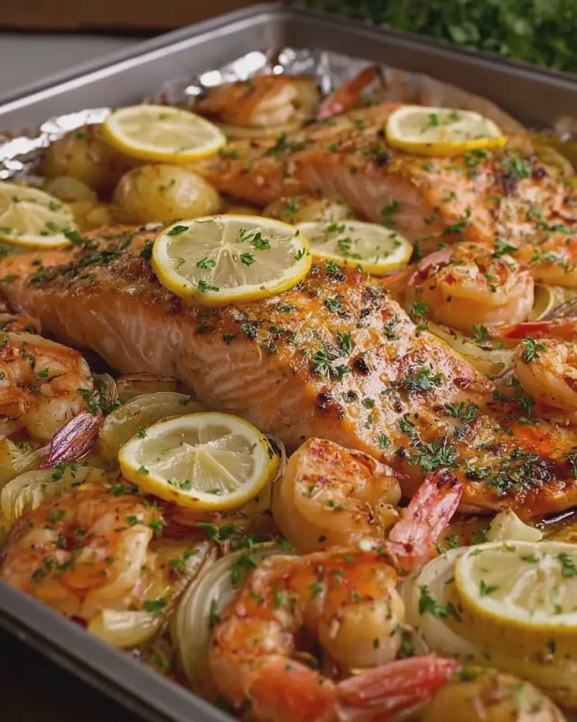 Buttery Lemon Salmon & Shrimp Tray Bake