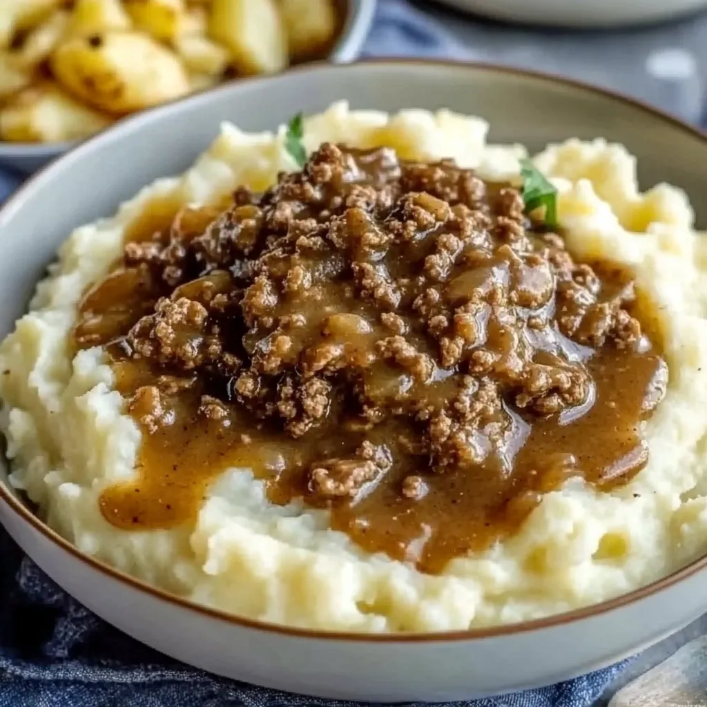 Ground Beef and Gravy Over Mashed Potatoes