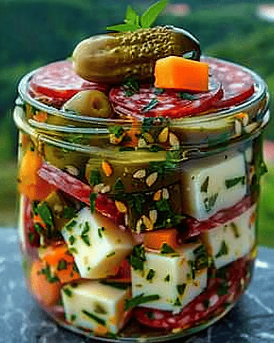 Easy Marinated Cheese Appetizer with Salami & Pickles