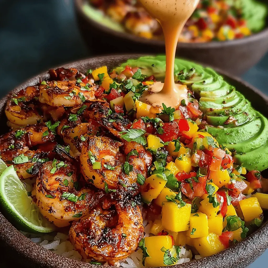 Mediterranean Shrimp and Avocado Bowls with Mango Salsa & Lime-Chili Sauce