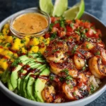 Mediterranean Shrimp and Avocado Bowls with Mango Salsa & Lime-Chili Sauce
