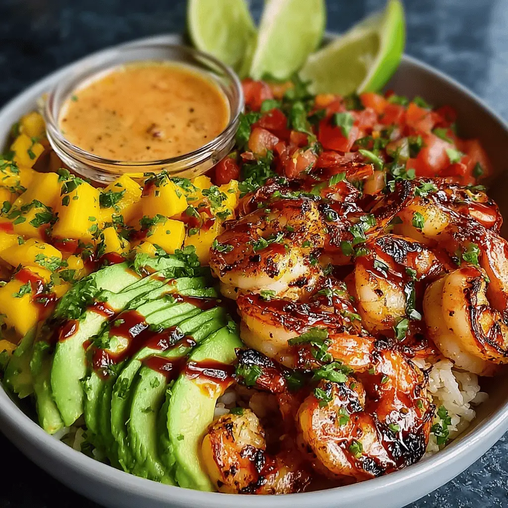 Mediterranean Shrimp and Avocado Bowls with Mango Salsa & Lime-Chili Sauce