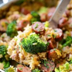 Cheesy Kielbasa Rice and Broccoli Skillet