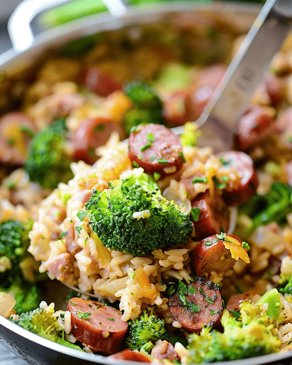 Cheesy Kielbasa Rice and Broccoli Skillet