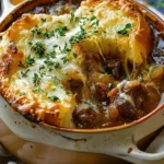 French Onion Beef Stew with Cheesy Bread Topping