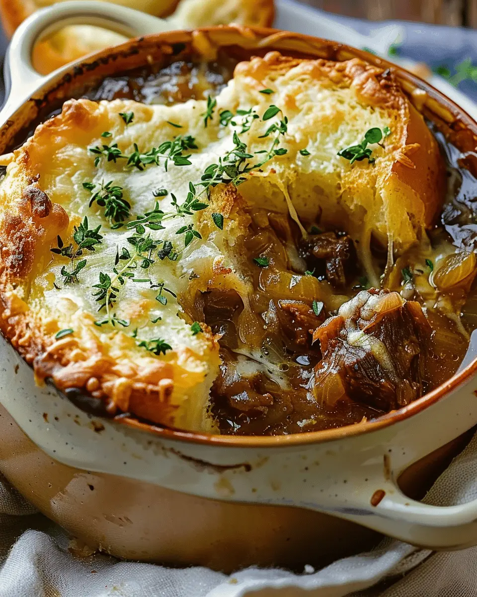 French Onion Beef Stew with Cheesy Bread Topping