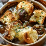 French Onion Beef Stew with Cheesy Bread Topping