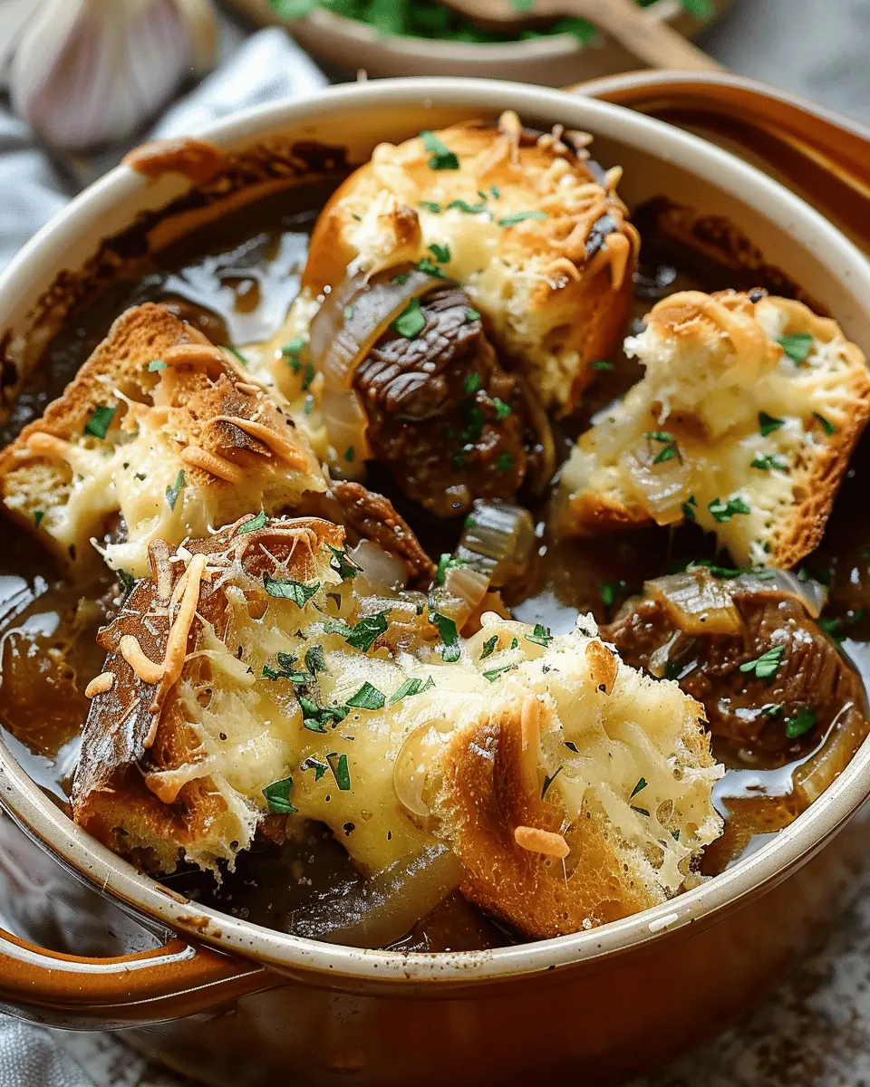 French Onion Beef Stew with Cheesy Bread Topping