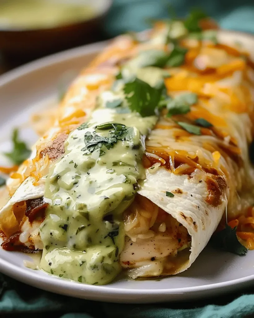 Baked Chicken Burritos with Cheesy Green Chili Sauce